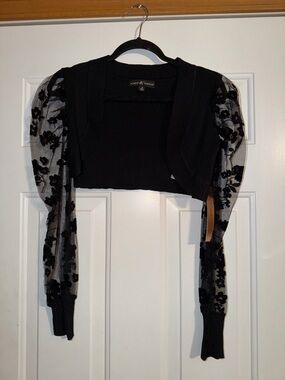 Almost Famous Mini Black Cropped Bolero Sweater with Sheer Floral Sleeves